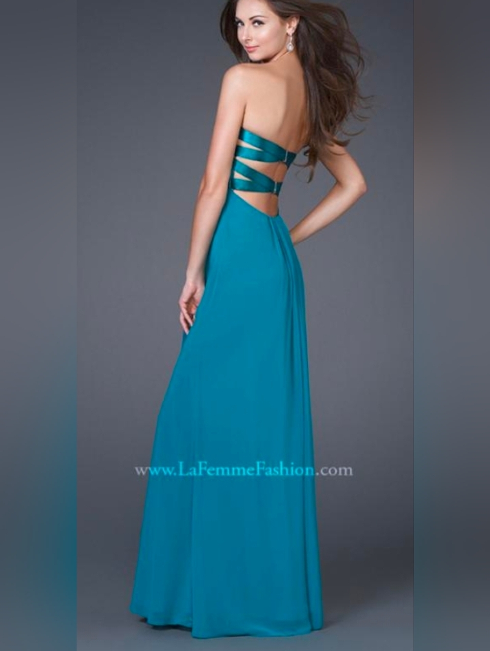 Vntg. La Femme Teal Strappy Back Evening Gown